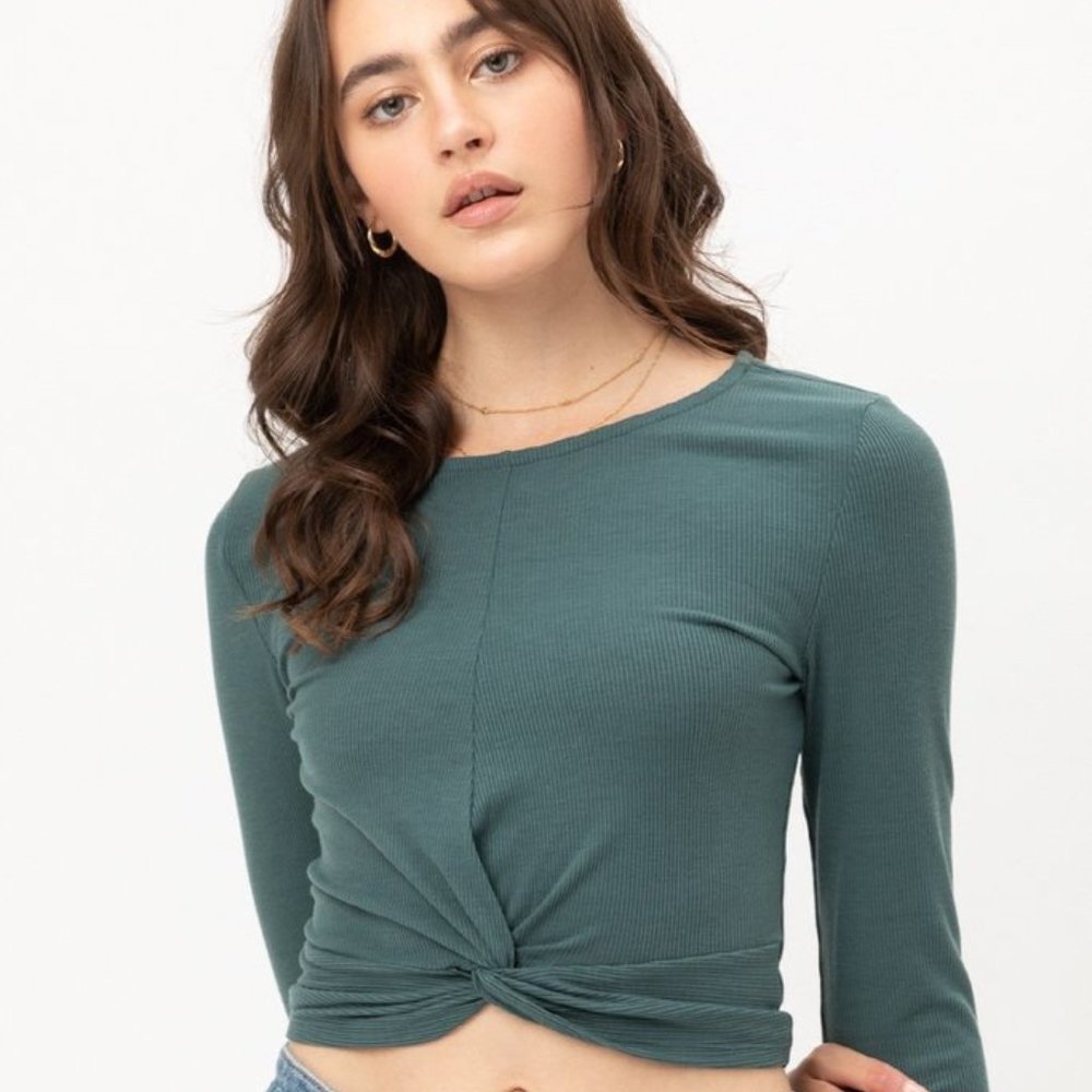 Women's Teal Ribbed Little knot Bottom Crop Tops - Picture 2 of 4